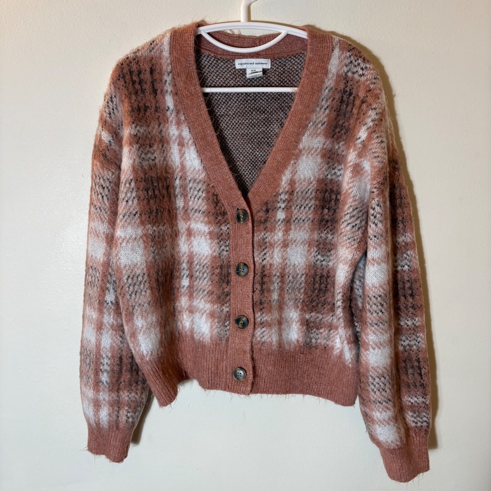 Cupcakes and Cashmere Plaid Fuzzy Cardigan Sweater Size Medium